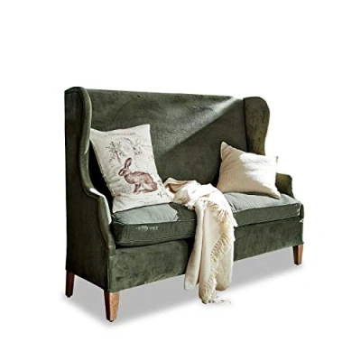 Abbildung von Loberon Sofa Ombra, klassischer Ohrenbacken Stil, edler Materialmix, Ohrensessel, Sitzmöbel, Mangoholz, Polyestersamt, Leinen, antikgrün