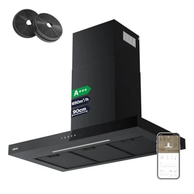 Abbildung von CIARRA CBCB9102 A+++ Dunstabzugshaube 90 cm Umluft Schwarz Wi Fi/WLAN App Touch Bedienung 650m3/h 4 Stufen Booster Abluft Abzugshaube Wandabzugshaube Wandhaube mit CBCF003 Aktivkohlefilter