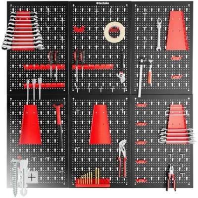 Abbildung von tectake® Werkzeug Lochwand aus Metall, 240 x 60 2 cm, Werkzeugwand Lochplatte, inkl. Werkzeughalter Set Haken und Halterungen, Wandregal Regalsystem für Werkbank, Garage, Werkstatteinrichtung 6tlg