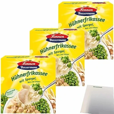Abbildung von Sonnen Bassermann Hühnerfrikassee mit Spargel Reis und Erbsen 3er Pack (3x400g Packung) + usy Block