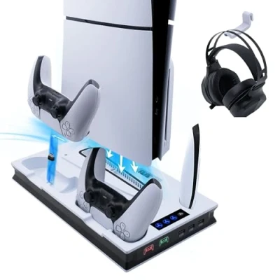 Abbildung von Wigearss Vertikaler PS5 Slim Lüfter Ständer Kühlstation mit Dual Controller Ladegerät für PS5/PS5 UHD/Digital Edition/PS5 PRO