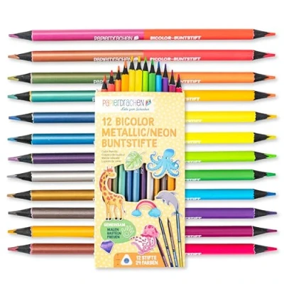Abbildung von Papierdrachen 12 Bicolor Buntstifte 24 satte Farben Set Holz sechskant bruchsicher Schule Kindergarten Malen Kinder metallic neon