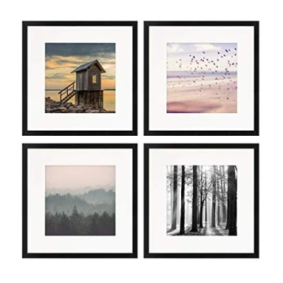 Abbildung von PHOTOLINI Bilderrahmen 30x30 Schwarz MDF Holz, 4er Set Poster Rahmen mit Passepartout, bruchsicheres Acrylglas, zum Aufhängen, extra Zubehör für Fotos &amp;