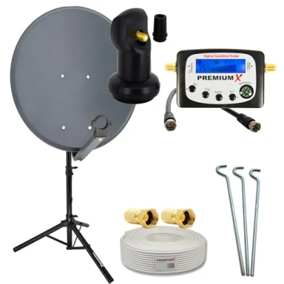 Abbildung von PremiumX Camping Satelliten Komplettanlage 60cm LNB SAT Finder Kabel Stativ Antenne