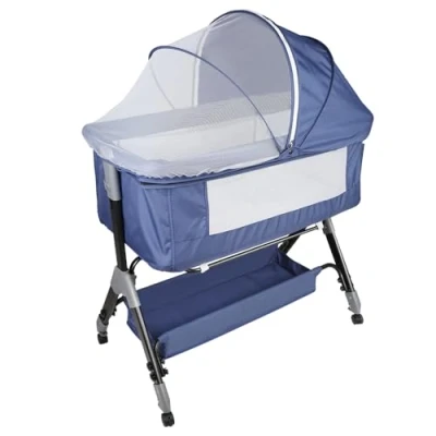Abbildung von HUOLE 3 in 1 Beistellbett &amp; Babywiege Reisebett, 4 stufig Höhenverstellbares Babybett, neigbar, Kinderbett, Stubenwagen für Babys bis 25kg belastbar 104 x 52 100110 cm Marineblau