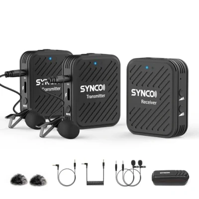 Abbildung von SYNCO G1(A2) 2,4GHz Lavalier Funkmikrofon, Kabellos Ansteckmikrofon System, Wireless Microphones Mics bis zu 70m, Audioüberwachung 2 Transmitter 1 Empfänger für Kamera Smartphone Laptop DSLR Camcorder