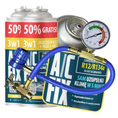 Abbildung von A/C FIX 3in1 R134a Kältemittel Ersatzgas Kühlmittel Klima Auto mit Dichtmittel und Öl Gasflasche 2x235 g Klimaanlage Nachfüllset Wohnmobil Schlauch