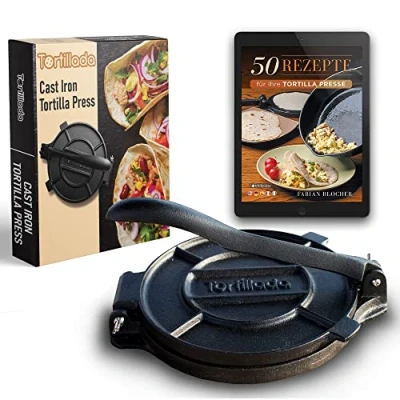 Abbildung von Tortillada Tortilla Presse/Quesadilla, Roti Maker aus Gusseisen mit Rezepten (16cm) inkl. E Book 50