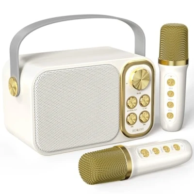 Abbildung von BESCOST Karaoke Maschine mit 2 Mikrofonen, Mini Anlage 7 Stimmeffekten, tragbare Bluetooth Lautsprecher für Kinder &amp; Erwachsene, Perfekt Partys, Geburtstage (Weiß)