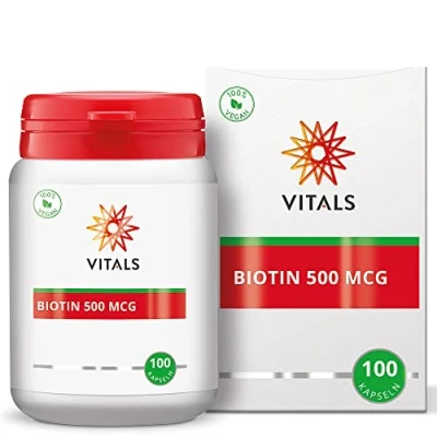 Abbildung von Vitals Biotin 500mcg, 100 vegane Kapseln. Vitamin B8 in hoher Dosis. Unterstützt Kohlenhydrat , Fett und Eiweißstoffwechsel.
