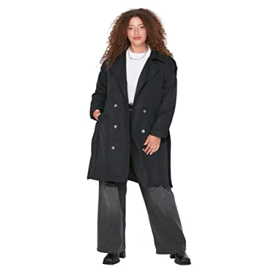 Abbildung von Trendyol Women&#039;s Damen Wickelform Zweireihig Plain Webstoff Größen in Trenchcoat Coat, Schwarz, 44