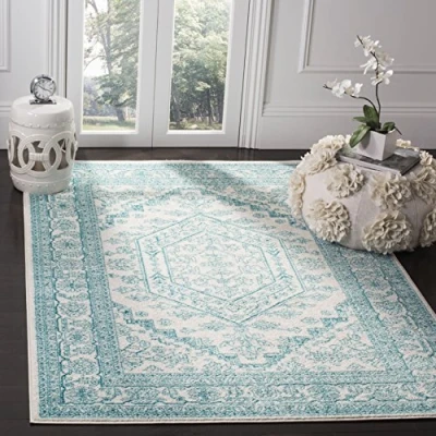 Abbildung von SAFAVIEH Traditionell Teppich für Wohnzimmer, Esszimmer, Schlafzimmer Adirondack Collection, Kurzer Flor, Elfenbein und Blaugrün, 122 X 183 cm
