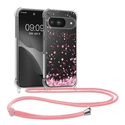 Abbildung von kwmobile Necklace Case kompatibel mit Google Pixel 9 / Pro Hülle Silikon Cover Handykette Rosa Dunkelbraun Transparent Kirschblütenblätter