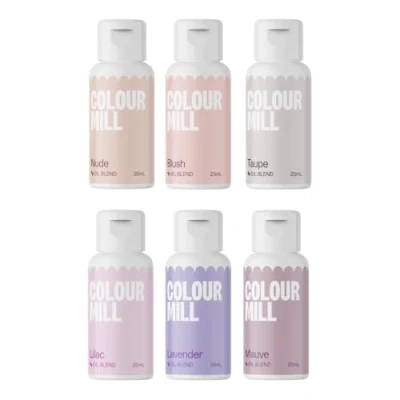 Abbildung von Colour Mill Oil Blend Bridal Lebensmittelfarben auf Ölbasis Lebensmittelfarben: Nude, Blush, Taupe, Purplec, Lavender, Mauve Food Coloring für Tortendeko Set/6