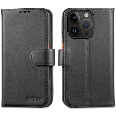 Abbildung von LENSUN Echtleder Hülle für iPhone 16 Pro, Handyhülle [Echtes Leder][Magnetverschluss][RFID Schutz] Handytasche Lederhülle Etui Kompatibel mit Pro 5G Schwarz