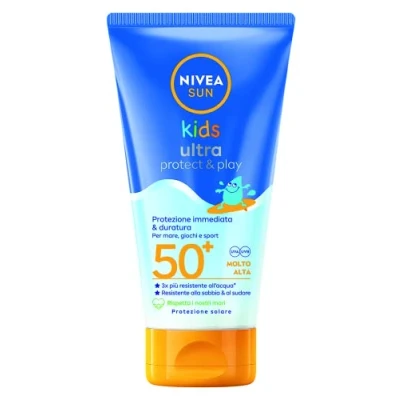 Abbildung von NIVEA SUN Sonnenmilch Kids Ultra Protect &amp; Play LSF 50+ 150 ml, extrem wasserfester Sonnenschutz für Kinder ab 3 Jahren