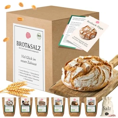 Abbildung von Brot und Salz zum Einzug Geschenkbox mit 6 Bio Brotbackmischungen Geschenk Umzug Richtfest originelles Einzugsgeschenk Bake with Love