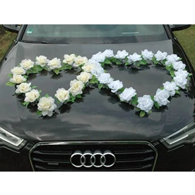 Abbildung von DOPPEL Herz Auto Schmuck Braut Paar Rose Deko Dekoration Autoschmuck Hochzeit Car Wedding Ratan (Reinweiß/Ecru)