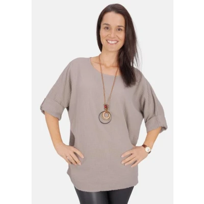 Abbildung von Seasons of April Damen Musselin Bluse aus 100% Baumwolle mit individueller Kette, Leicht &amp; Locker, One Size Valentina (Taupe)