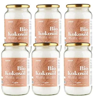 Abbildung von MonteNativo Bio Kokosöl Kokosfett, Kokosnussöl, Premium, Nativ und Naturrein, 1. Kaltpressung, Rohkostqualität zum Kochen, Braten Backen, für Haare Haut (6 x 1000ml Schraubglas)