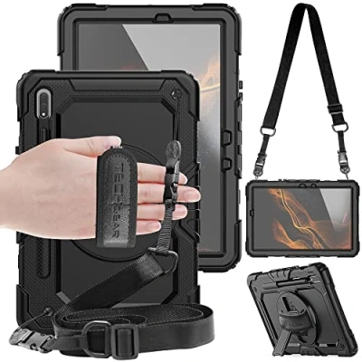 Abbildung von TECHGEAR Utility Hülle Kompatibel mit Samsung Galaxy Tab S8 11,0 Zoll (SM X700/ X706) Robust Stoßfest Outdoor Schutzhülle 360 Grad Schwenkständer, Hand Schultergurt, Eingebaut Bildschirm Schwarz