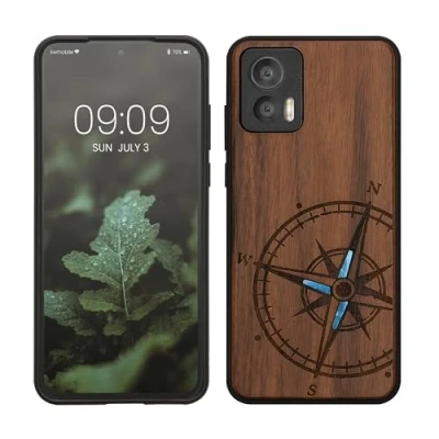 Abbildung von kwmobile Hülle kompatibel mit Motorola Edge 30 Neo Holz Case Handy Cover TPU Handyhülle in Dunkelbraun Vintage Kompass Perlmutt