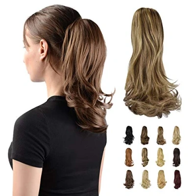 Abbildung von Sofeiyan 33cm Pferdeschwanzverlängerung Langer lockiger Pferdeschwanz Clip in Klaue Haarverlängerung Natürlich aussehendes synthetisches Haarteil für Frauen, Goldbraun &amp; Hellblond
