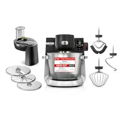 Abbildung von BOSCH Küchenmaschine &quot;Serie 6 MUMS6ZS13D, Automatikprogramme, integr.1g Waage, schwarz&quot;, Edelstahlschüssel, Durchlaufschnitzler, Knethaken/Rühr /Silikonbesen