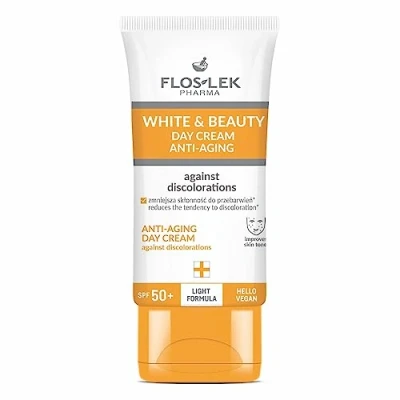 Abbildung von FLOSLEK WHITE &amp; BEAUTY Anti Aging Tagescreme gegen Pigmentflecken LSF 50+ Gesichtscreme mit Lichtschutzfaktor Falten und Augenring beseitigt Altersflecken Unreinheiten 50 ml