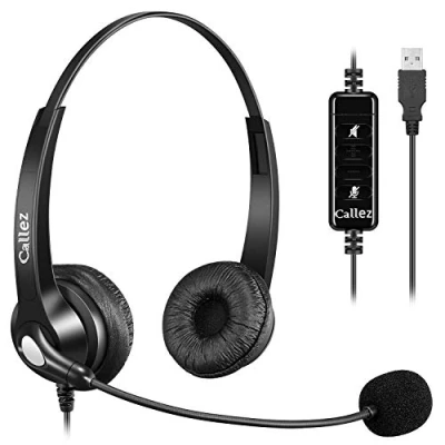 Abbildung von PC Headset USB mit Mikrofon Noise Cancelling &amp; Lautstärkeregler, Kopfhörer für Laptop Skype UC Lync SoftPhone Call Center Office Business, Kristallklar Chat, Super Leicht, Ultra Komfort