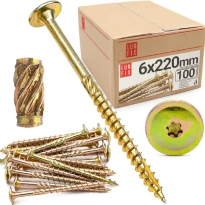 Abbildung von Lun Fix Tellerkopfschrauben 6x220 mm 50 Stück TX30 Tellerkopf/Fräsrippen Gelb Verzinkt Torx Schrauben Holzschrauben Flachkopfschrauben Holz Konstruktionsschrauben