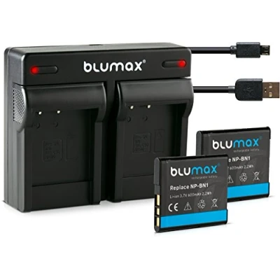 Abbildung von Blumax 2X Akku für Sony NP BN1 / NPBN1 600mAh + Mini Dual Ladegerät USB passend zu Cyber Shot DSC QX10, QX100, T99, T110, TF1 KFZ 2 Akkus gleichzeitig Laden