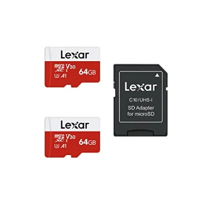 Abbildung von Lexar Micro SD Karte 64GB 2er Pack, Speicherkarte mit Adapter, Bis zu 100 MB/s Lesegeschwindigkeit, UHS I, U3, A1, V30, C10, 4K UHD microsdxc für Kamera, Smartphone