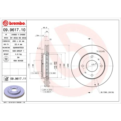 Abbildung von BREMBO COATED DISC LINE 09.9617.11 Bremsscheibe 256 24 4 innenbelüftet beschichtet VOLVO: V40 Kombi, S40 I