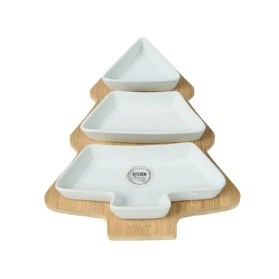 Abbildung von Kaemingk Servierschalen Porzellan mit Holztablett Tannenbaum Form 28x20cm Schalen Set für Tapas Antipasti Fingerfood Servierplatte Snack und Dipschalen Dipschälchen Plätzchenteller