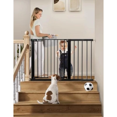 Abbildung von COMOMY 75 117cm Türschutzgitter Ohne Bohren, Treppenschutzgitter Auto Close mit Grün/Rotem Schild, Kindersicherung Tür, Türgitter für Hund/Katze, 90 Stop, Y Spindel (76cm Hoch, Schwarz)