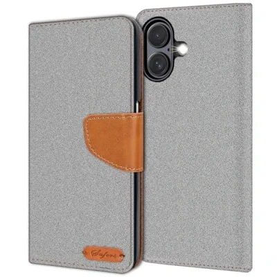 Abbildung von Verco kompatibel mit Apple iPhone 16 Plus Hülle, Schutzhülle für Tasche Denim Textil Book Case Flip Klapphülle Grau