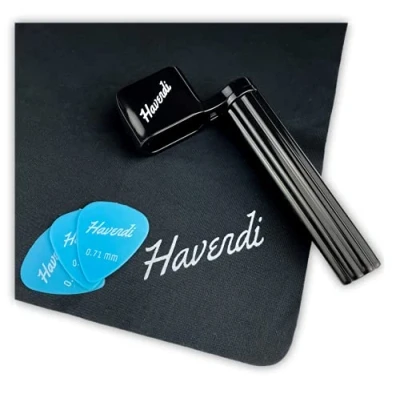 Abbildung von HAVENDI® Premium Saitenkurbel mit 3 Plektren und Gitarren Putztuch Saitenspindel für schnelleres Saiten wechseln. Westerngitarre, Akkustikgitarre, Konzertgitarre E Gitarre