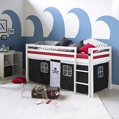 Abbildung von Homestyle4u Hochbett 90x200 cm Kinderbett Weiß mit Vorhang Spielbett für 1 Kind Kiefer