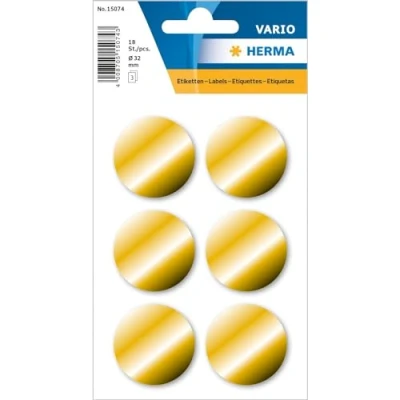 Abbildung von HERMA 15074 Punktaufkleber Klebepunkte gold rund, 18 Stück, Ø 32 mm, 6 pro Bogen, selbstklebend, Markierungspunkte für Kalender Planer Basteln, glänzend, blanko Papier Farbpunkte Etiketten Aufkleber