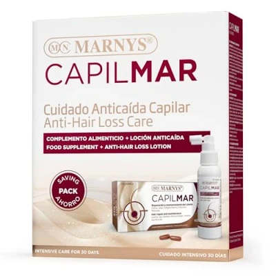 Abbildung von CAPILMAR MARNYS Anti Haarausfall Pack, 60 Kapseln + Lotion, 100 ml, stoppt Haarausfall, Haarschutz, gibt Festigkeit und Glanz zurück, Intensive Pflege für 30 Tage