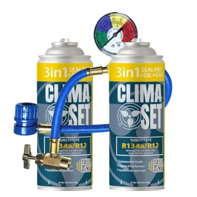 Abbildung von ClimaSet 3in1 R134a Kältemittel Ersatzgas Kühlmittel Klima Auto mit Dichtmittel und Öl Gasflasche 2x170 g Klimaanlage Nachfüllset Wohnmobil Schlauch
