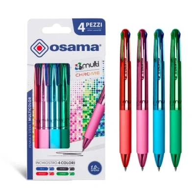 Abbildung von Osama 4 Multi Set Druckkugelschreiber Farben Stück Kugelschreiber 0,1 mm mit schwarzer, blauer, roter und grüner Tinte Ideal für Schreib Schulbedarf, Universität, Büro, Verchromter