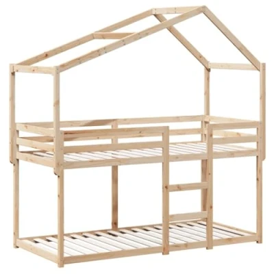 Abbildung von vidaXL Etagenbett, Hochbett mit Dach Leitplanken, Stockbett für Schlafzimmer, Bett Holzbett Einzelbett, 90x200cm Massivholz Kiefer