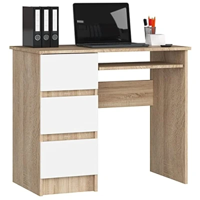 Abbildung von Home Collective Computertisch Schreibtisch Bürotisch Gaming Tisch mit ausziehbarer Tastaturablage, 3 Schubladen, 90 x 50 77 cm, sonoma weiß