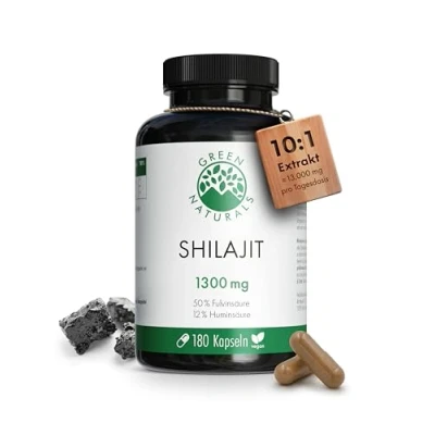 Abbildung von Shilajit Original Himalaya WICHTIG: 13.000 mg pro Tagesdosis (10:1 Extrakt) +50% Fulvinsäure +12% Huminsäure 3 Monate Vorrat (180 Kapseln) 100% Vegan &amp; Ohne Zusätze Green Naturals®