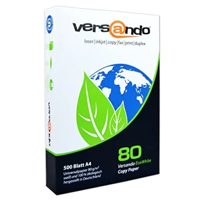 Abbildung von versando 500 Blatt Recyclingpapier DIN A4 EcoWhite 80g Kopierpapier Druckerpapier Öko hohe Weiße ISO 90 Blauer Engel zertifiziert Umweltpapier