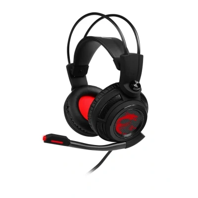 Abbildung von MSI DS502 GAMING HEADSET Kopfhörer mit 7.1 Virtual Surround Sound, Vibrationssystem, 40mm Neodym Teiber, omnidirektionales Mikrofon, Inline Steuerung, USB 2.0 Anschluss kabelgebunden, schwarz/rot