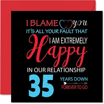 Abbildung von Stuff4 Lustige Korallen Jubiläumskarte für Ehemann, Frau Your Fault I&#039;m Extremely Happy 35th Wedding Anniversary Karte Partner, 145 mm x Grußkarten dreißig Jubiläen