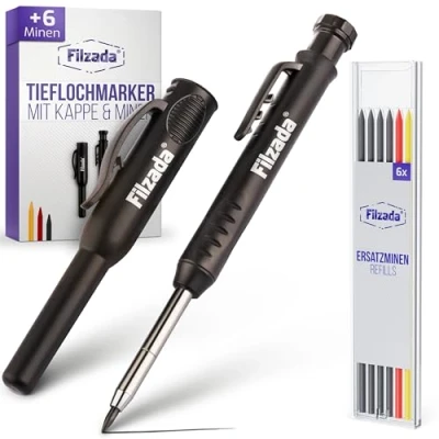 Abbildung von Filzada® 1x Tieflochmarker mit 6 Extraminen in 3 Farben Zimmermannsbleistifte Köcher/Kappe Bohrlochmarker Bleistift Baustelle Markierstift Markierstifte